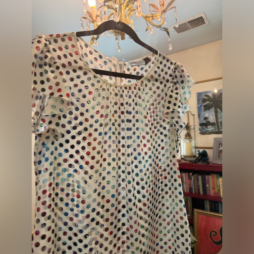 Women’s Cynthia Rowley Multicolored Polka Dot Blouse with Flutter Sleeve —Sz L